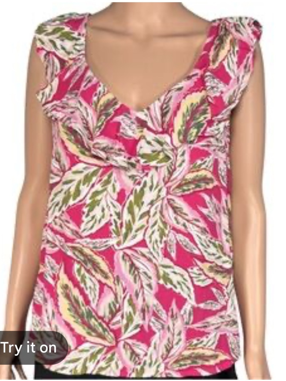 LOFT ruffle front tank top vibrant pink, green, and white tropical leaf pattern